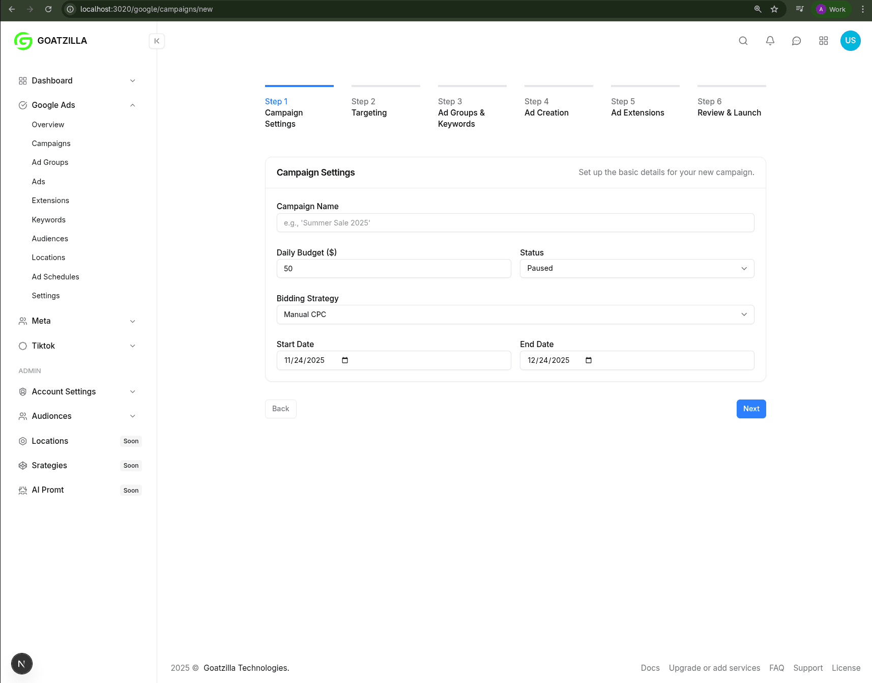 AI Campaign Generation Interface